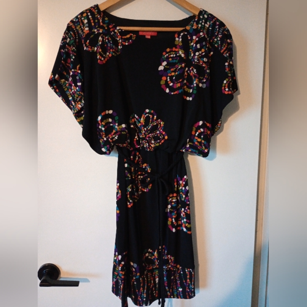 Black Dress With Colorful Floral Pattern & Braided Belt Size Small